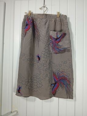 Vintage Silk Bird Print Taupe Skirt